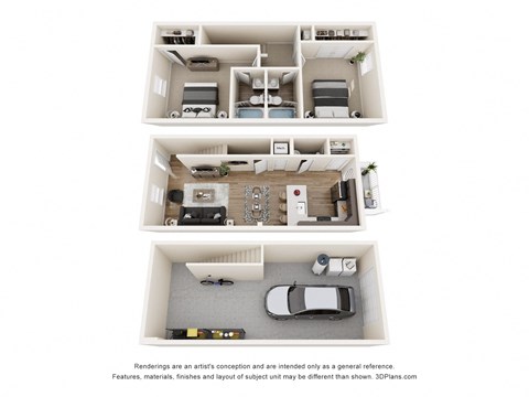 Three floor plans of a house with a kitchen, living room, and bedrooms.